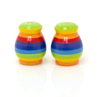 Image of Hand Painted Rainbow Stripe Ceramic Salt &amp; Pepper Set and Pots Shakers Stripped Cruet