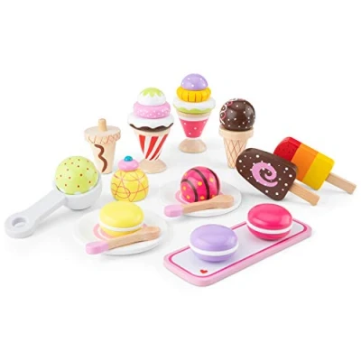 Image of New Classic Toys Ice Cream Set Play Cones with Scoop, Macarons, and Shop Accessories Wooden Set, for Kids of Toy Food