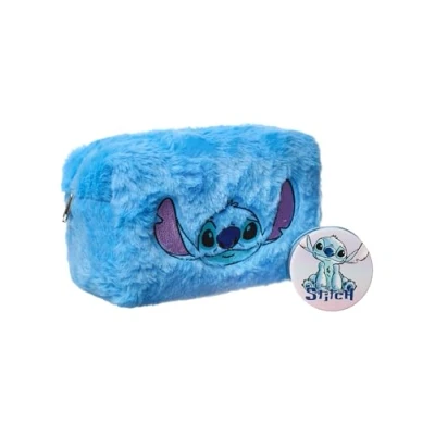Image of Disney Lilo &amp; Stitch Makeup Bag Mirror Ladies Blue Fur Cosmetic Pouch with Character Face Travel Beauty Case Pocket for Adults Teens Ohana Cartoon Movie Merchandise Gift