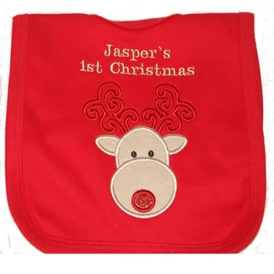 Image of Sew Special Unisex Baby’s Personalised Applique Reindeer 1st Christmas Bib (Red)