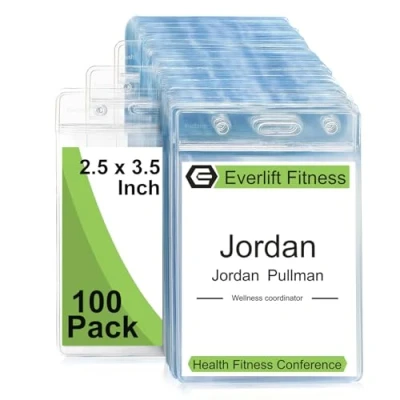 Image of Fushing Pack of 100 Clear Plastic Vertical Badge Holders, Name Tag Card Holders(M)