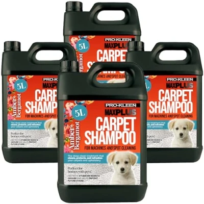 Image of Pro Kleen MAXPLUS Carpet Shampoo Cleaner Premium Formula to Remove Dirt, Stains &amp; Marks Removes Pet Deposits Odours Suitable for all Machines (Amber Bergamot Fragrance, 4 x 5 Litres)