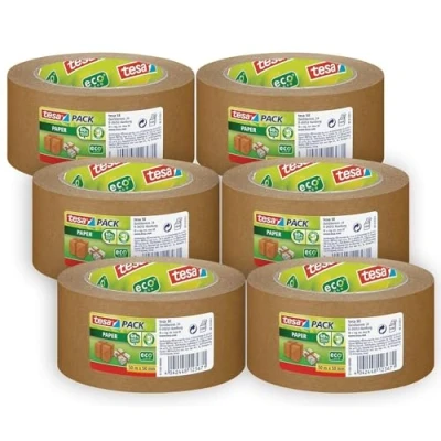 Image of tesapack Paper ecoLogo Environmentally Friendly Packing Tape, 60 Percent Biobased Material Brown 50 m x mm, Pack of 6