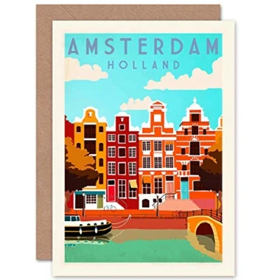 Image of Wee Blue Coo Personalised Greeting Card Travel Amsterdam Holland Netherlands Canal Bridge Boat Custom