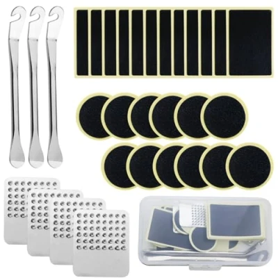 Image of 30 Pcs Bike Tyre Repair Kits, Puncture Kit Tyre,Puncture Kits for Bikes, Tire Glueless Self Adhesive Patches Kit, With 4 Metal Rasps And 2 Levers