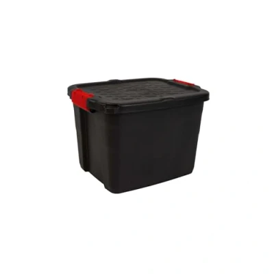 Image of Strata Heavy Duty Large Storage Box with Lid, 42L, Lockable box, Indoor and Outdoor Storage, Clip Lock, Black Red Handles