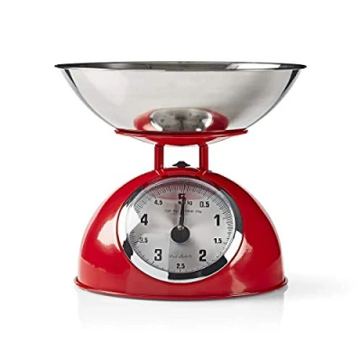 Image of NEDIS Red Kitchen Scales with Bowl &amp; Analogue Display, Retro Style
