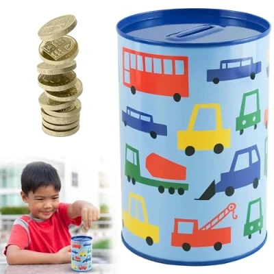 Image of Money Saving Tin Trucks Printed Design Piggy Bank for Kids Boys and Girls, Sealed Slot Coins Notes, Safe Summer Home or SchoolSize 15cm