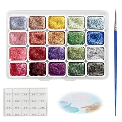 Image of Belligern 20 Colors Metallic Watercolour Paints,Metallic Paint Set,Glitter Colour Shifting Watercolour,with Liner and Color Card,Suitable for Artists,Painting Enthusiasts