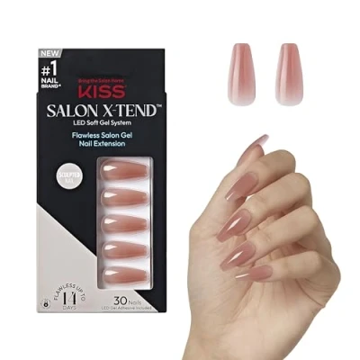 Image of KISS Salon X tend Glue On Nails, Flowers, Medium Pink, Long Size, Coffin Shape, 34 Ct.