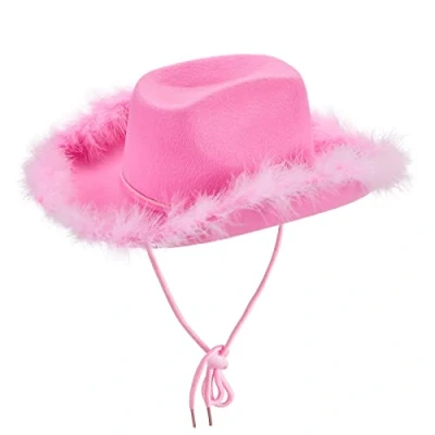 Image of Cowboy Hats for Women Fluffy Feather Brim LED Cowgirl Hat Bachelorette, Costume Party, Play Dress Up (Pink)