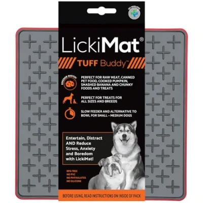 Image of LickiMat Tuff, Heavy Duty Buddy, Dog Slow Feeder Lick Mat, Boredom Anxiety Reducer; Perfect for Food, Treats, Yogurt, or Peanut Butter, Fun Alternative to a Feed Bowl, Red