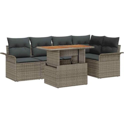 Image of vidaXL 6 Piece Garden Dining Set with Cushions Grey Poly Rattan Acacia