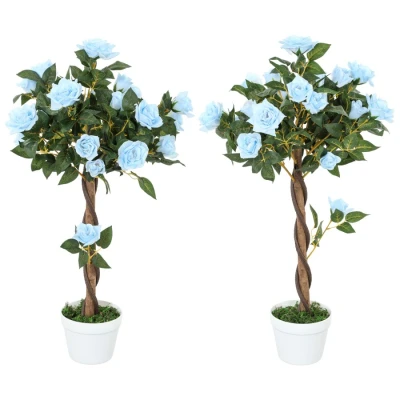 Image of Outsunny Set of 2 90cm/3FT Artificial Rose Tree, Fake Decorative Plant with Pot, Indoor Outdoor Faux Decoration Home Office Décor, Light Blue