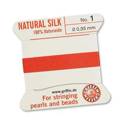 Image of GRIFFIN 100% Natural Silk Beading Cord String Thread Coral 2 metres with one needle Size 0.35mm