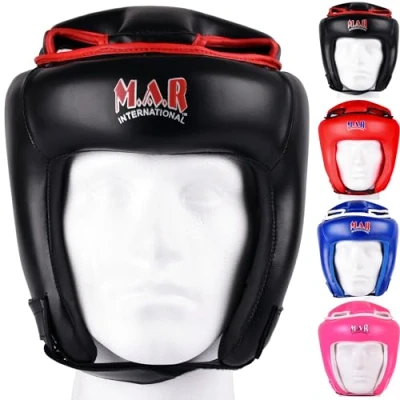 Image of MAR Black Headguard for Kickboxing, Thai Boxing &amp; MMA Training, Rex Leather Material Head Guard Face and Ear Protection, Headgear Sparring Grappling, Muay Taekwondo, Protective Helmet