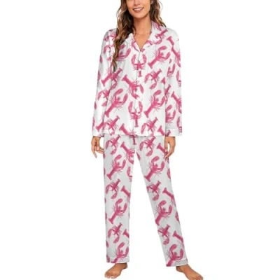 Image of Pink Lobster Womens Pyjamas Set Long Sleeve Pjs Sets Pajama Sleepwear Loungewear M
