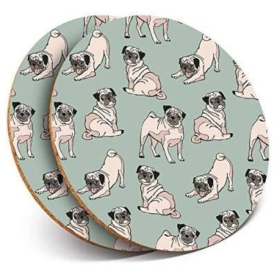 Image of 2 x Round Coasters Funny Pug Dog illustrations Pugs Cork Backed Home Kitchen Accessory Tea Coffee Mug Mat #21415