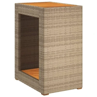 Image of vidaXL Garden Side Table with Wooden Top Beige Poly Rattan Outdoor Furniture, Acacia Wood, Powder Coated Steel Frame, 60x40x75 cm