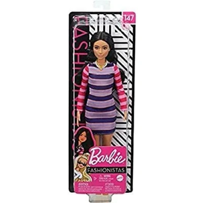 Image of Barbie Fashionistas Doll #147 with Long Brunette Hair Wearing Striped Dress, Orange Shoes &amp; Necklace, Toy for Kids 3 to 8 Years Old