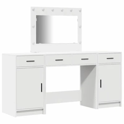 Image of vidaXL white vanity set mdf dresser w/hollywood lights 78.5x41x135 cm makeup table, drawers, mirror