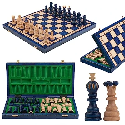 Image of Hand Crafted Chess Set PEARL XL Master of Blue Wooden 42cm for Adults and Kids Board with Figures
