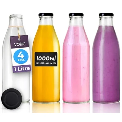 Image of Glass Milk Bottles with Lids 1L 4 Pack Reusable Bottle for Beverages, Sauces, Storage Container and Decor Leakproof Lids, Labels Pen (Black Lid)