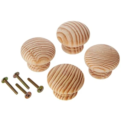 Image of Merriway BH01267 (4 Pcs) Unlacquered Pine Cupboard Cabinet Door Knob, 50mm (2 inch) With Bolt &amp; Insert Pack of 4 Pieces, Brown
