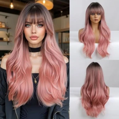 Image of Esmee 24&quot;Women Synthetic Wigs Natural Long Wavy Ombre Pink with Dark Roots＆Fluffy Air Bangs Light Cosplay Party