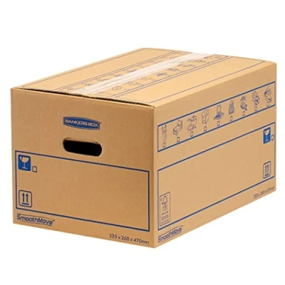 Image of 15 BANKERS BOX Large Strong Moving Boxes, 39L C Flute SmoothMove Cardboard Heavy Duty Boxes for House with Handles, 47cm x 32cm 26cm (Pack of 15), Brown