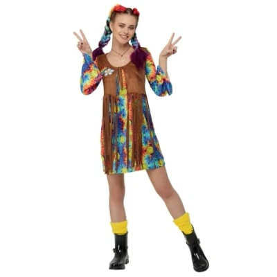 Image of Smiffys Smiley Hippy Dress, Multi Coloured with Dress &amp; Fringed Waistcoat, Officially Licensed Fancy Adult 1960s Up Costumes
