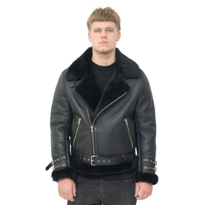 Image of Men&#039;s Black Retro RAF B3 Pilot Real Sheepskin Shearling Biker Leather Jacket S