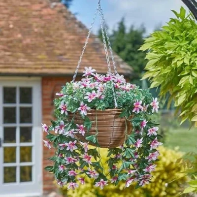 Image of Garden Mile 30cm Hanging Basket Artificial Flowers Décor Fake Floral &amp; Foliage Chain Colourful Indoor Outdoor Patio, Home, Decoration Weather UV Resistant (Star Gazing Lilies)