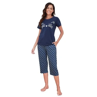 Image of Reliwel Women&#039;s Pyjama Sets Cotton Pyjamas Short Sleeve Top and Cropped Pants with Pockets two Pieces Printed Pj Soft Comfy Nightwear Sleepwear Casual Loungewear S XXL Navy Blue