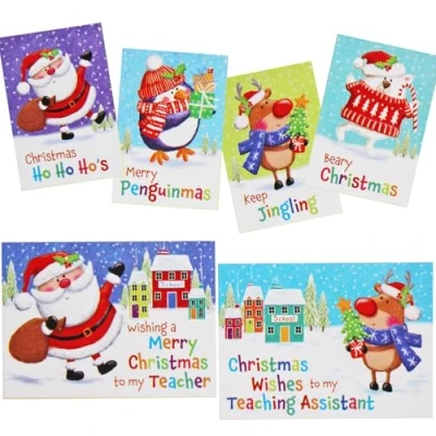 Image of Christmas School Cards Pack of 32 Kids &amp; Teacher Skiing and Friends XAPGC401 5680
