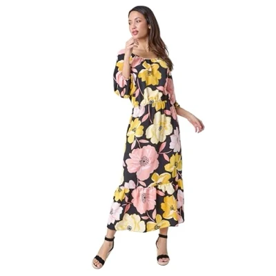Image of Roman Womens Floral Print Tiered Hem Maxi Dress Yellow Size 10 UK