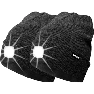 Image of ATNKE 2Pcs New Warm LED Lighted Beanie Cap Unisex USB Rechargeable Running Hat Ultra Bright 4 Waterproof Light Lamp Multi Color (Dark Grey, 2PCS)