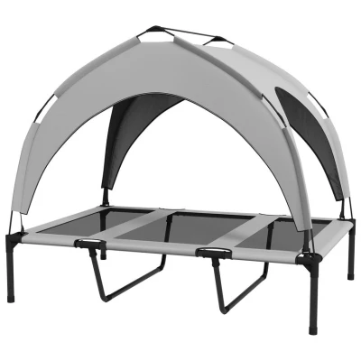 Image of PawHut Cooling Raised Dog Bed, Elevated Pet Bed with Breathable Mesh, UV Protection Canopy, Foot Pads, for Indoor Outdoor, Large Dogs, 106 x 76 94cm Light Grey