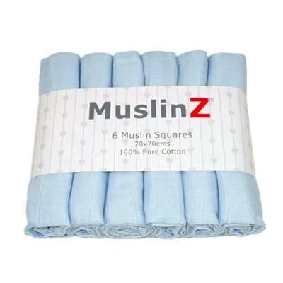 Image of MuslinZ 6 pack Muslin Squares Baby Burp Cloths 70x70cms Perfect for Newborns, multi use, Oeko Tex standard 100, UK brand. (Pale Blue)