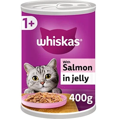 Image of Whiskas 1+ Salmon in Jelly Pack of 12 x 400 g Cans, Adult Cat Wet Food