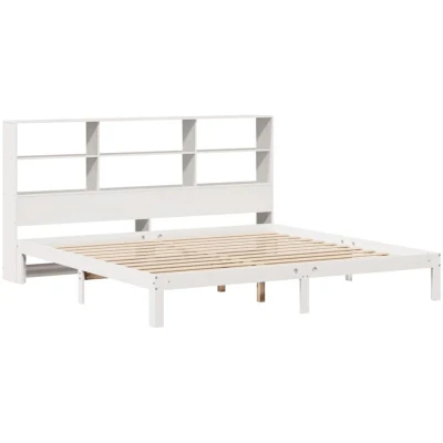 Image of vidaXL Super King Bookcase Bed Frame White Pine Wood 180x200 cm Storage Headboard with Drawers Space Saving Bedroom Furniture