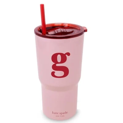 Image of kate spade new york 20 Ounce Insulated Initial Tumbler for Cold and Hot Drinks with Reusable Straw, Stainless Steel Travel Cup Slide Top Lid (G)