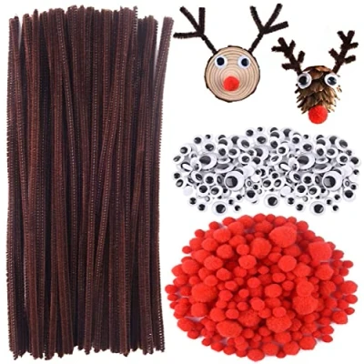 Image of Cheeroyal 300pcs Christmas Reindeer DIY Craft Set, Brown Pipe Cleaners Chenille Stems Fluffy Red Pom Poms and Googly Eyes Pack Rudolph Making Set (100+100+100pcs)
