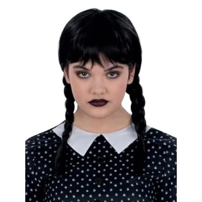 Image of Smiffys Kids Gothic School Girl Wig with Plaits &amp; Fringe, Halloween Child Fancy Dress, Dress Up Wigs