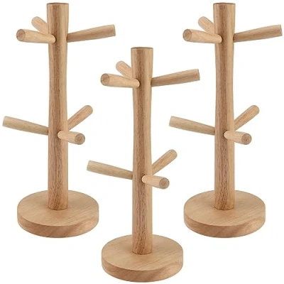 Image of FUNSUEI 3 PCS 6 Mugs Wood Mug Tree, Cup Stand for Mugs, Wooden Holder Tree Coffee Cups, Jewelry Organizing