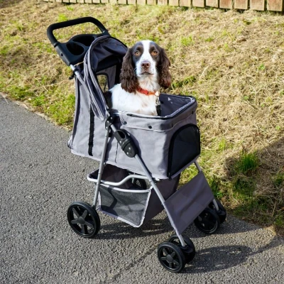 Image of Pet Stroller Pushchair Grey Carrier Foldable Trolley Travel Cart 15kg Capacity 4 Wheels Brakes Cat Dog Safety Snap Hook Leash Cushion Canopy Mesh Windows Basket Cup Holders Free Waterproof Rain Cover
