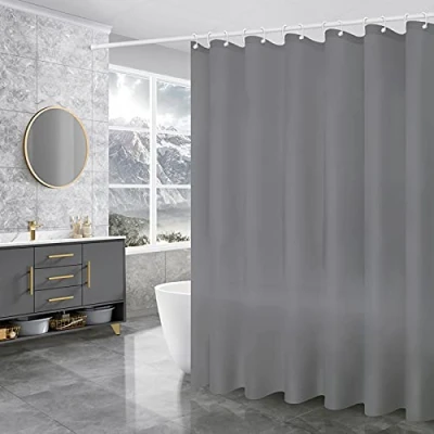 Image of WOODFIB Shower Curtain, 100% PEVA Waterproof Anti Mould Proof Resistant, Quick Drying, Washable Bathroom Includes 12 Pcs Curtain Hooks, 180 x cm (Grey)