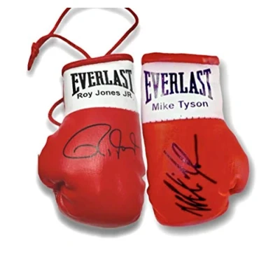 Image of paper tipi Mike Tyson v Roy Jones Jnr Signed Mini Boxing gloves
