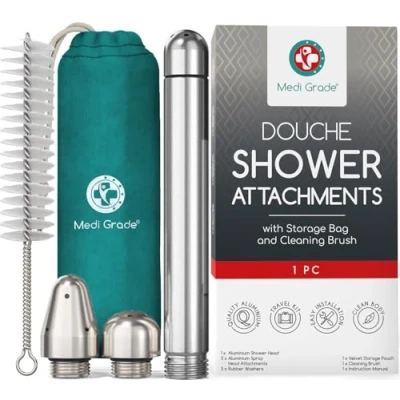 Image of Medi Grade Shower Douche Kit for Men and Women Comprehensive Aluminium Enema Adults with 3 Nozzle Attachments, Cleaning Brush Storage Bag Anal Head