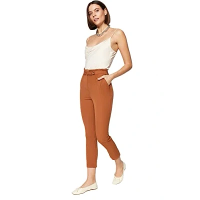 Image of Trendyol Women Plus Size High Waist Straight Leg Fitted Trousers Brown